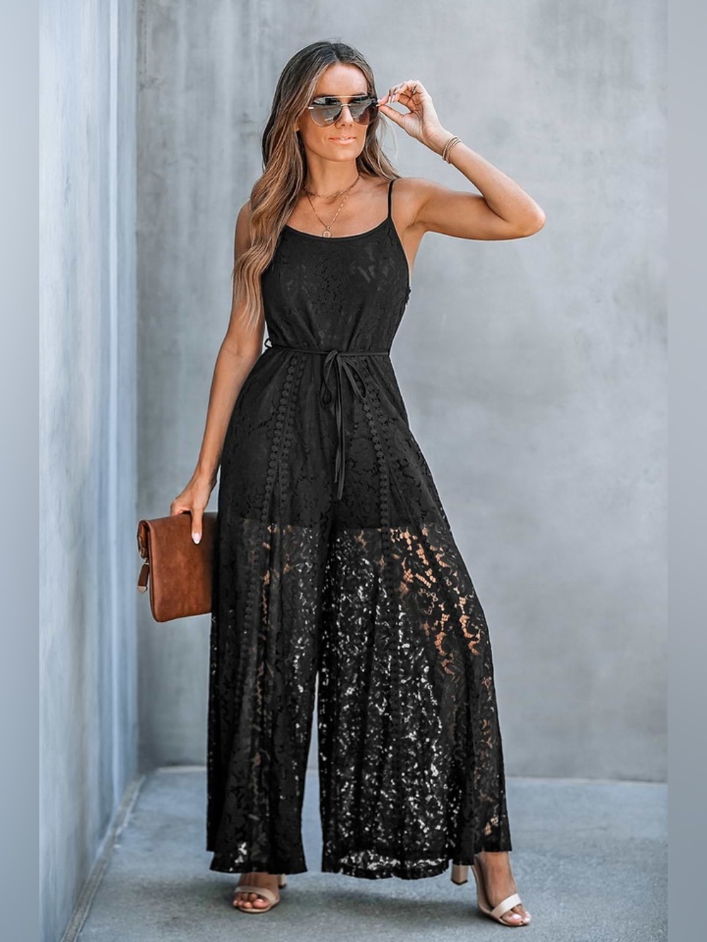 New Without Tags Cupshe Black Lace Sleeveless Sheer Wide Leg Jumpsuit Size Small